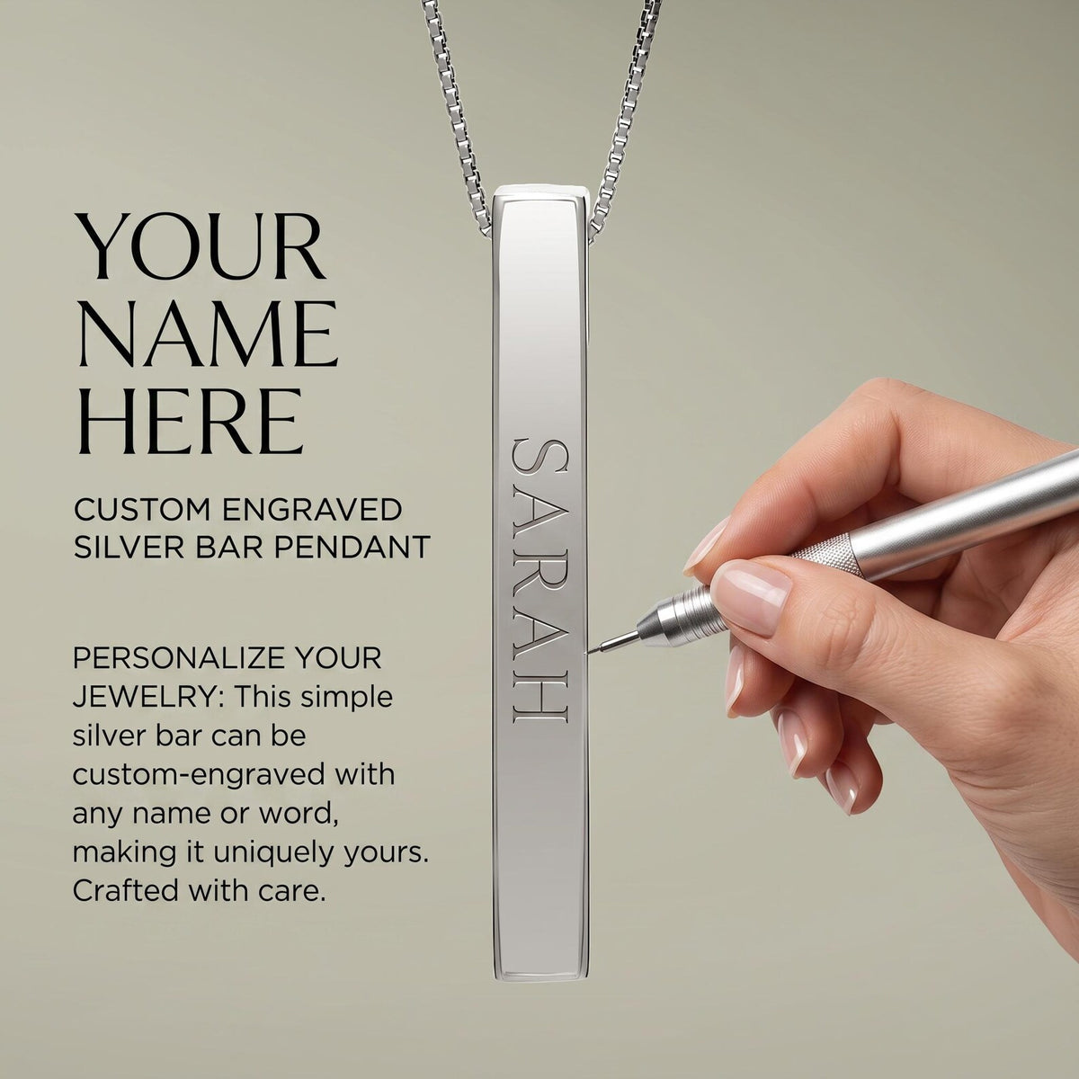 Gepersonaliseerde ketting met verticale staaf en voornaam | Gegraveerde hanger van roestvrij staal 